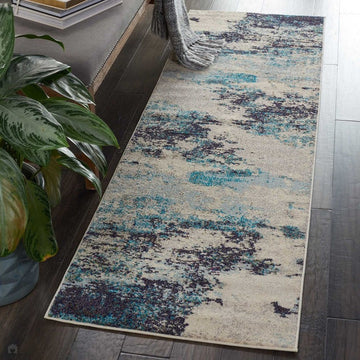 Celestial CES02 Modern Abstract Soft Durable Low Profile Short Pile Ivory/Teal/Blue Runner-Nourison-Rug Love - The Most Loved Rug Store